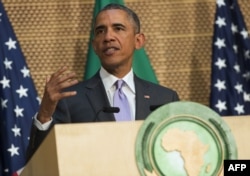 US President Barack Obama delivers a speech at the African Union Headquarters in Addis Ababa on July 28, 2015.