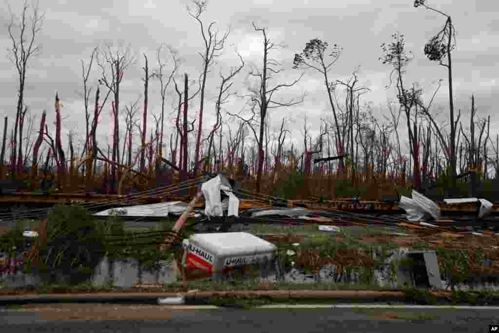 Shredded trees, derailed train cars and a sunken trailer are seen in the aftermath of Hurricane Michael in Panama City, Fla., Oct. 10, 2018.