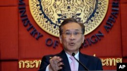 Thai Foreign Minister Don Pramudwinai talks to reporters during press conference at Foreign Ministry in Bangkok, Thailand, Friday, July 1, 2016.