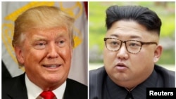 FILE - A combination photo shows President Donald Trump in New York, Sept. 21, 2017, and North Korean leader Kim Jong Un in a photo released by the Korean Central News Agency in Pyongyang, Sept. 4, 2017. 