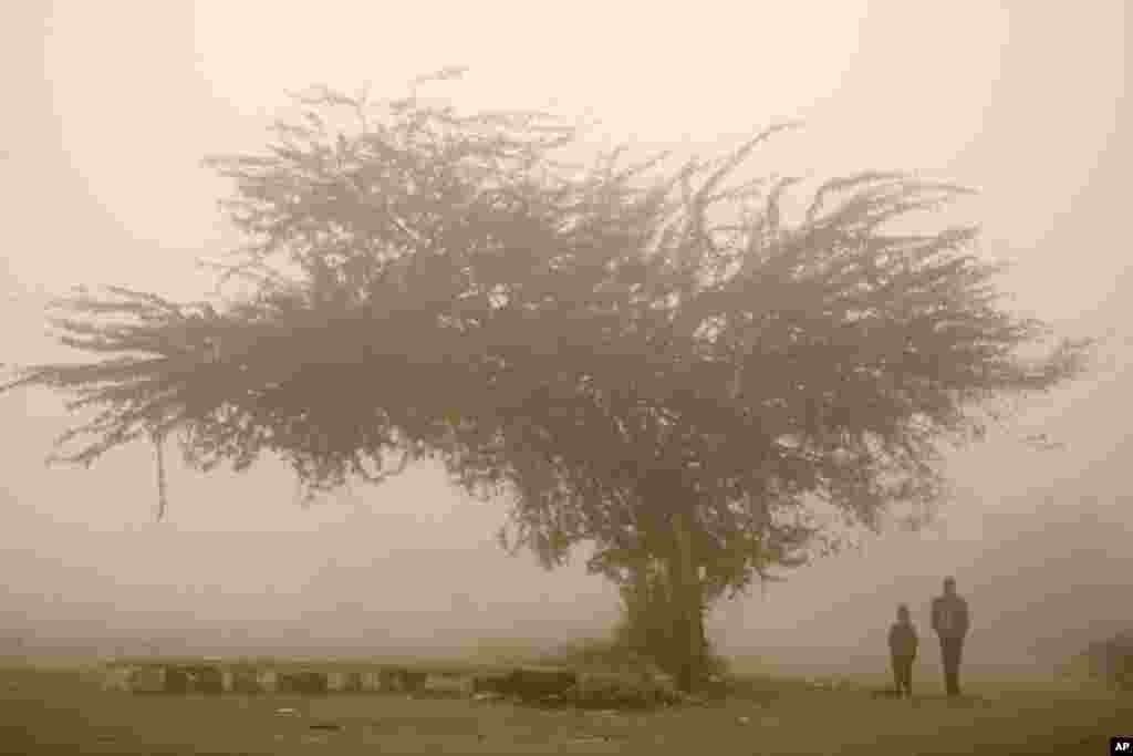 Anak-anak berjalan menuju sekolah mereka di tengah-tengah kabut pagi di Jammu, India. Kabut tebal telah mengganggu layanan kereta api dan penerbangan di India Utara selama beberapa hari ini. 