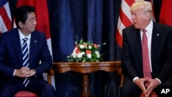 President Donald Trump meets with Japanese Prime Minister Shinzo Abe during the G7 Summit, in Taormina, Italy, May 26, 2017.