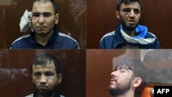 24일 모스크바 법원에 출두한 공연장 테러 용의자들. 위 왼쪽부터 시계방향으로 사이다크라미 라차발리조다, 달레르존 미르조예프, 무하마드소비르 파이조프, 샴시딘 파리두니. 모두 얼굴이 부었고, 귀에 붕대를 부착한 사람도 있다.