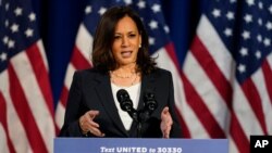 FILE - Democratic vice presidential candidate Sen. Kamala Harris speaks in Washington, Aug. 27, 2020. 