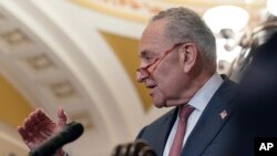 2023年6月21日，美国国会参议院多数党领袖查克·舒默在华盛顿国会山对记者讲话。