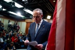 FILE - Senate Minority Leader Sen. Chuck Schumer of N.Y. leaves after speaking at a news conference, Dec. 16, 2019, on Capitol Hill in Washington.
