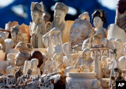 FILE - In a U.S. crackdown,confiscated ivory was stacked for crushing in 2013 at a National Wildlife Property Repository in Commerce City, Colorado.