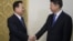 Choe Ryong Hae, left, vice chairman of the Central Committee of North Korea's ruling party shakes hands with Song Tao, head of China's ruling Communist Party's International Liaison Department, in Pyongyang, Nov. 17, 2017. 