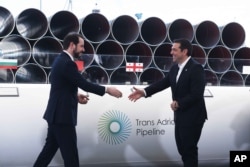 Greece's Prime Minister Alexis Tsipras, right, shake hands with Turkish Minister of Energy Berat Albayrak during the Trans-Adriatic Pipeline inauguration ceremony, in the northern Greek city of Thessaloniki, May 17, 2016.