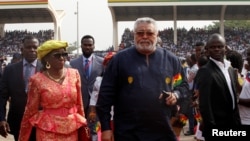 FILE - Ghana's former President Jerry Rawlings arrives for the swearing-in of Ghana's new President Nana Akufo-Addo in Accra, Ghana, Jan. 7, 2017. 