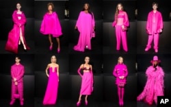 This combination of ten images shows, top row from left, American actor Madelaine Petsch, French influencer Paola Locatelli, Meta's Global Head of Luxury Morin Oluwole, Thai model-actor Nychaa and Thai actor-singer PP Krit, bottom row from left, German influencer Jacob Rott, German model Caroline Daur, American real estate broker Christine Quinn, German fashion influencer Leonie Hanne and American singer-songwriter Erykah Badu wearing hot pink at the Valentino ready-to-wear Spring/Summer 2023 fashion collection presented in Paris on Oct. 2, 2022.