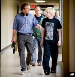 Director Tom McCarthy, Paul Giamatti and Alex Shaffer on the set of "Win Win"