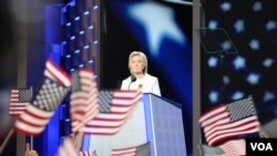 Hillary Clinton delivers her acceptance speech at the Democratic National Convention in Philadelphia, Pennsylvania, July 29, 2016. (Photo: A. Shaker / VOA)