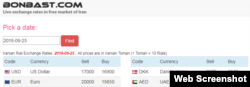 Screenshot of the Bonbast.com website that tracks Iran’s unofficial exchange rates. It showed the Iranian currency at a record low of 17,000 tomans, or 170,000 rials, to the dollar on Sept. 25, 2018.
