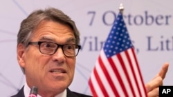 U.S. Energy Secretary Rick Perry speaks during a news conference following the forum Partnership for Transatlantic Energy Cooperation in Vilnius, Lithuania, Oct. 7, 2019.