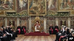 Pope Benedict XVI delivers his speech during an audience with foreign ambassadors to the Holy See, at the Vatican, January 7, 2013. 