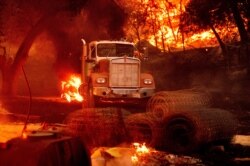 Flames from the Glass Fire burn a truck in a Calistoga, Calif., vineyard Oct. 1, 2020.