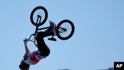 Charlotte Worthington of Britain competes in the women's BMX freestyle final at the 2020 Summer Olympics, Aug. 1, 2021, in Tokyo, Japan. 