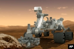This drawing shows the Curiosity rover on the surface of Mars.