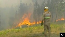 In this grab taken from video on July 20, 2019 provided by TVI, members of the emergency services try to extinguish the fire, in Vila de Rei, Portugal.