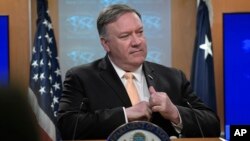 Secretary of State Mike Pompeo speaks during a news conference on Monday, April 22, 2019, at the Department of State in Washington.