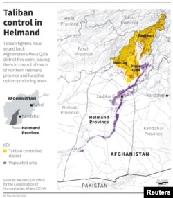 Map locating Taliban controlled districts in Helmand province of Afghanistan.