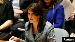 FILE - U.S. Ambassador to the United Nations Nikki Haley addresses the U.N. Security Council at U.N. headquarters in New York, March 12, 2018. She said on Sept. 5, 2018, that the council could not remain a "passive observer" as Nicaragua continued to deteriorate.