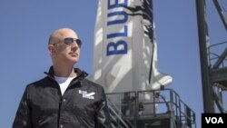 Jeff Bezos, founder of Blue Origin, inspects New Shepard’s West Texas launch facility.