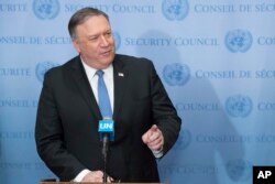 U.S. Secretary of State Mike Pompeo speaks to reporters, Dec. 12, 2018, at United Nations headquarters.