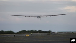 The Solar Impulse 2 solar plane lifts off at the Kalaeloa Airport, in Kapolei, Hawaii, April 21, 2016. The solar plane on an around-the-world journey has reached the point of no return over the Pacific Ocean after departing Hawaii, heading to California.