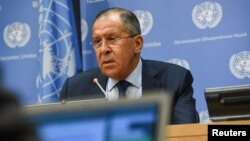 Russia's Foreign Minister Sergei Lavrov delivers remarks at a news conference at the 72nd General Assembly at U.N. headquarters in New York, Sept. 22, 2017.