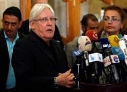 The United Nations Special Envoy to Yemen Martin Griffiths speaks to the press upon his arrival at Sanaa international airport in Yemen, March 24, 2018.