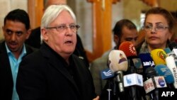 The United Nations Special Envoy to Yemen Martin Griffiths speaks to the press upon his arrival at Sanaa international airport in Yemen, March 24, 2018.
