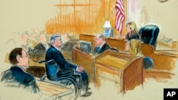 This courtroom sketch shows Paul Manafort listening to Judge Amy Berman Jackson during his sentencing hearing, in Washington, March 13, 2019.