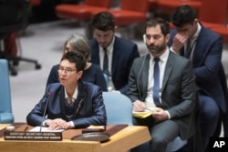 Assistant Secretary-General for Humanitarian Affairs and Deputy Emergency Relief Coordinator Ursula Mueller speaks during a Security Council meeting on the situation in Syria, April 25, 2018, at United Nations headquarters.