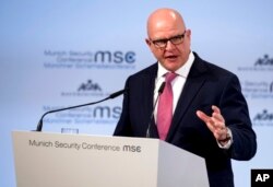 FILE - H.R. McMaster, U.S. National Security Adviser, speaks at the Security Conference in Munich, Germany, Feb. 17, 2018.