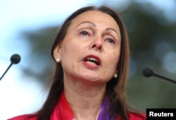 Ambassador of Israel to the U.N. Aviva Raz Shechter addresses protesters in Geneva, Switzerland, March 18, 2019.