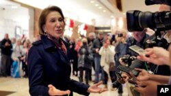 卡莉·费奥里娜与当选总统川普会面后在川普大厦的大堂与媒体谈话。（2016年12月12日）