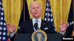 Presiden AS Joe Biden berbicara di Gedung Putih, Kamis (29/7). 