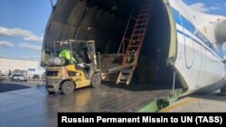 U.S. -- A Russian military transport plane carrying medical equipment, masks and supplies is seen shortly after landing at JFK International Airport during the outbreak of the coronavirus disease (COVID-19) in New York, April 1, 2020