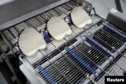 Vegan "chicken" steaks pictured at Superbom factory in Sao Paulo, Brazil