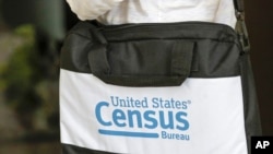 FILE - A briefcase of a census taker is seen as she knocks on the door of a residence, in Winter Park, Fla., Aug. 11, 2020.