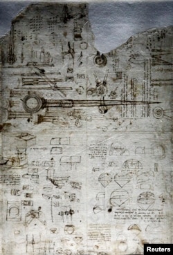 FILE - A sheet of Leonardo Da Vinci's 12-volume Atlantic Code, on display in Milan in July 2009. The code holds Da Vinci's ideas on geometry, nature, weaponry, anatomy and other subjects and is part of the Italian master's largest collection of drawings and writings.