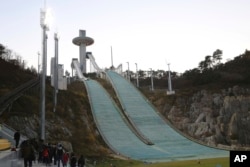 In this Monday, Oct. 30, 2017, photo, the Alpensia Ski Jumping Centre is being prepared in Pyeongchang, South Korea.