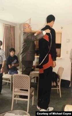 North Korean basketball player Ri Myoung-Hun being measured at a training camp in Ottawa, Canada. (Courtesy of Michael Coyne)