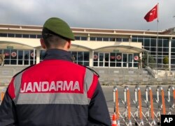 Turkish soldiers stand outside the court in a prison complex where the trial against former pro-Kurdish party co-chairman Selahattin Demirtas and legislator Sirri Sureyya Onder continues, in Silivri, outside Istanbul, April 30, 2018.