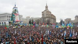 Supporters of EU integration are seen at a rally earlier in the day at Independence Square in central Kyiv, December 8, 2013.