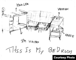 រូប​គំនូរ​នៃ​បន្ទប់​គេង​រួម​គ្នា​រវាង​លោក​ស្រី Anne Elizabeth Moore ជាមួយ​នឹង​ វណ្ណៈ ម៉ាលា និង​កល្យាណ នៅ​អន្តេវាសិកដ្ឋាន​ស្រី​នៅ​ទីក្រុង​ភ្នំពេញ។ (រូបថត៖ Anne E. Moore)