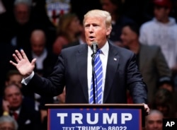 Republican presidential candidate Donald Trump speaks during a rally at the Times Union Center in Albany, New York, April 11, 2016.