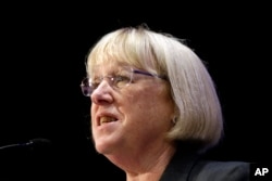 FILE - Sen. Patty Murray speaks at an election night party for Democrats, Nov. 8, 2016, in Seattle.